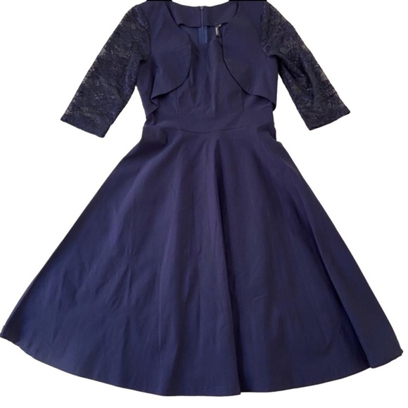 Miusol dress navy blue lace 3/4 sleeves stretchy A-Line midi small fit & flare - Picture 3 of 16